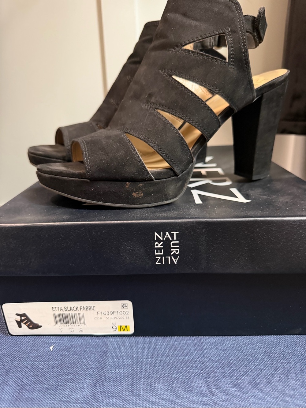 Naturalizer Black Suede Cutout Peep-Toe Block Heel Sandals